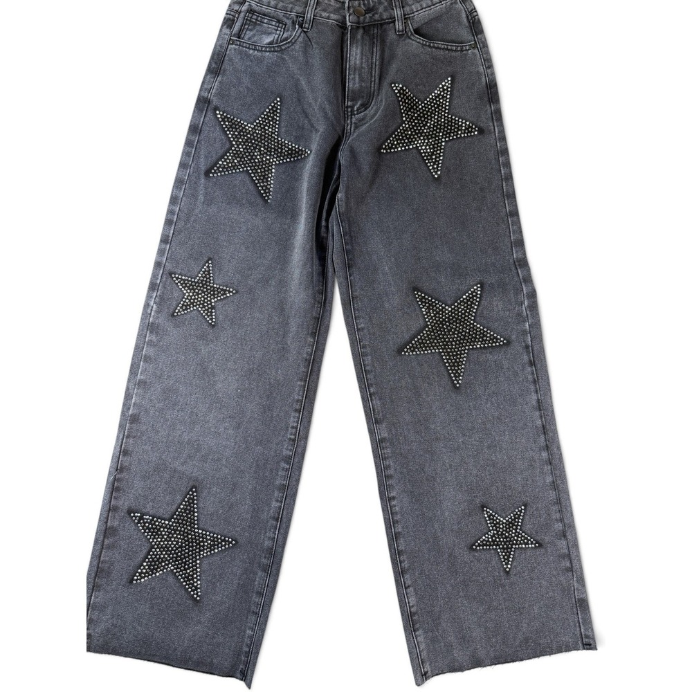 American Bazi NWT Star Rhinestone Wide-Leg Jeans Black Denim Pants Embellished S